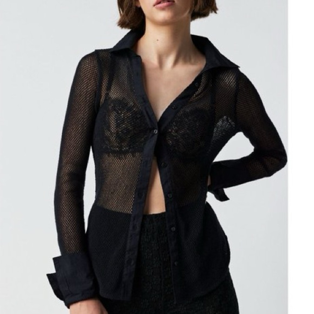 free people siggi sheer black fishnet button down shirt / blouse